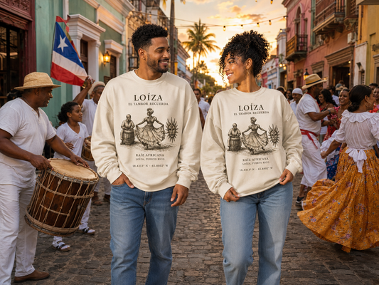 RicanPride Loíza heritage crewnecks in an outdoor Puerto Rican street celebration with bomba drummers and dancers