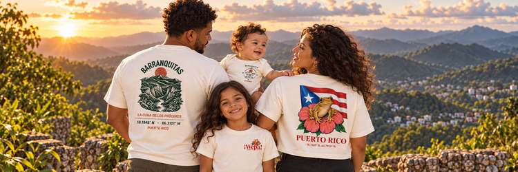 Puerto Rican family wearing Barranquitas and ¡Wepa! designs in unisex, women’s, youth, and baby fits on a mountain overlook