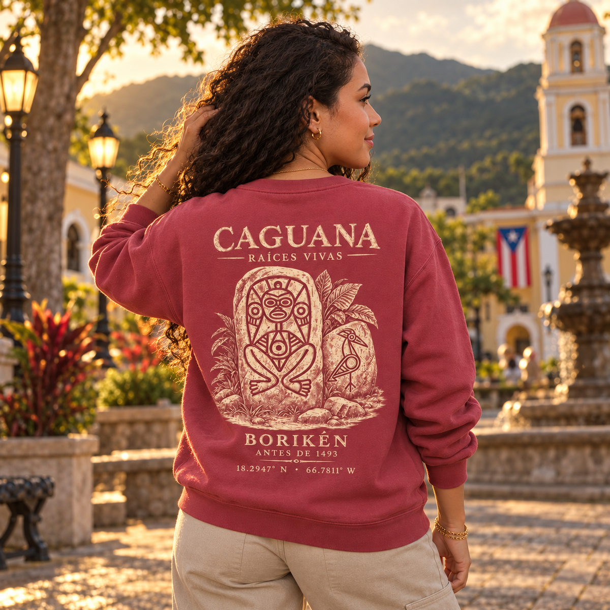 AI-generated editorial lifestyle visualization of the Caguana - Back Reveal from behind, showing the full back artwork.