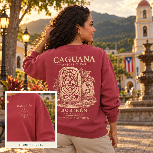 AI-generated caguana Back Reveal lifestyle cover showing the back design and an inset of the front left-chest print