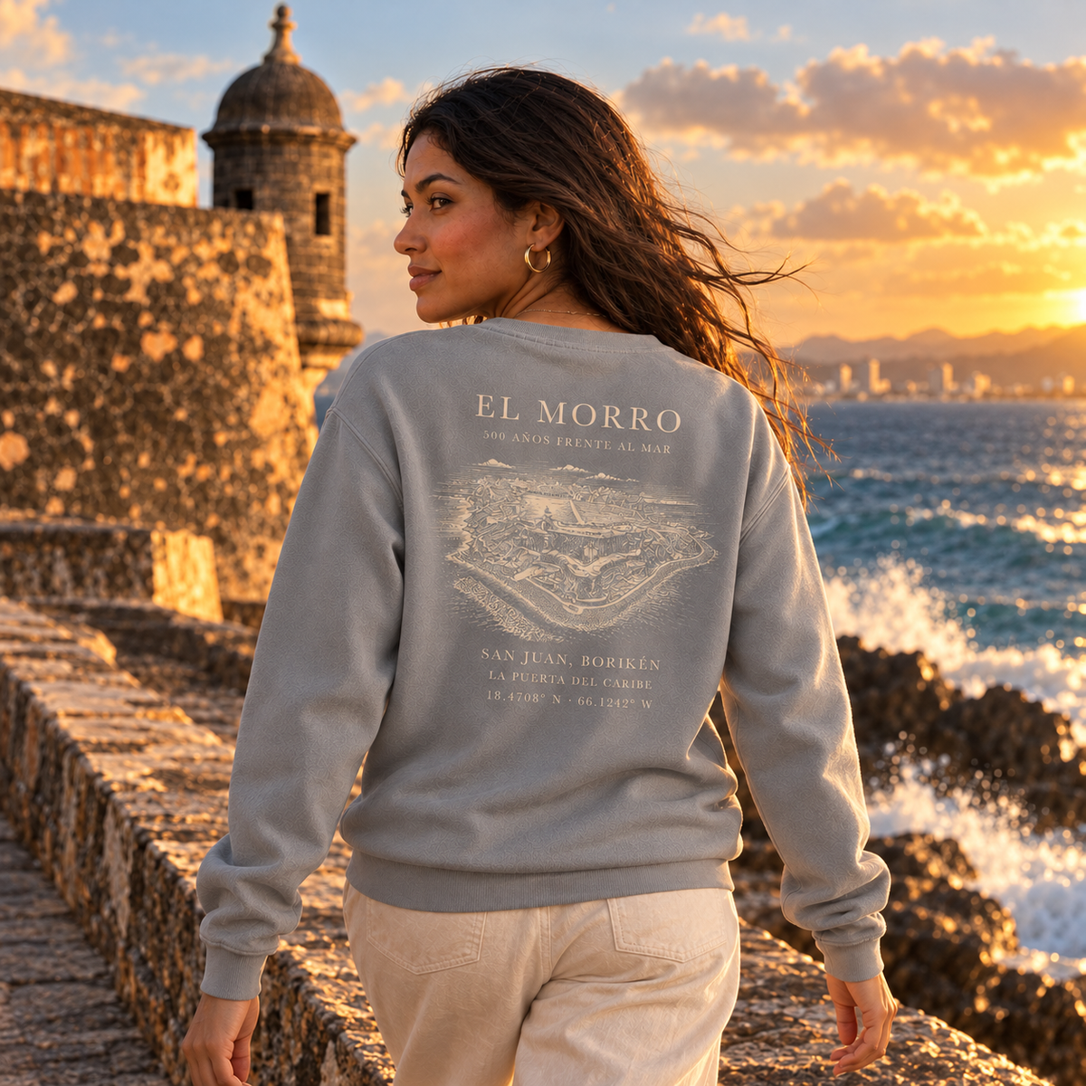 AI-generated editorial lifestyle visualization of the El Morro - Back Reveal from behind, showing the full back artwork.