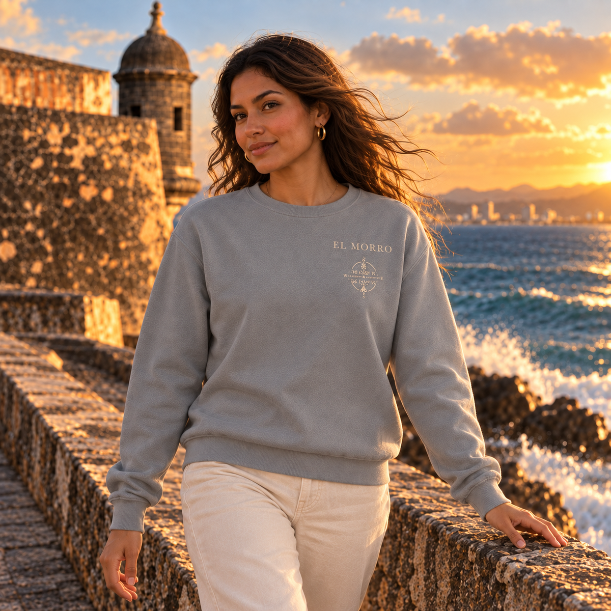 AI-generated editorial lifestyle visualization of the El Morro - Back Reveal from the front, showing the small left-chest emblem.