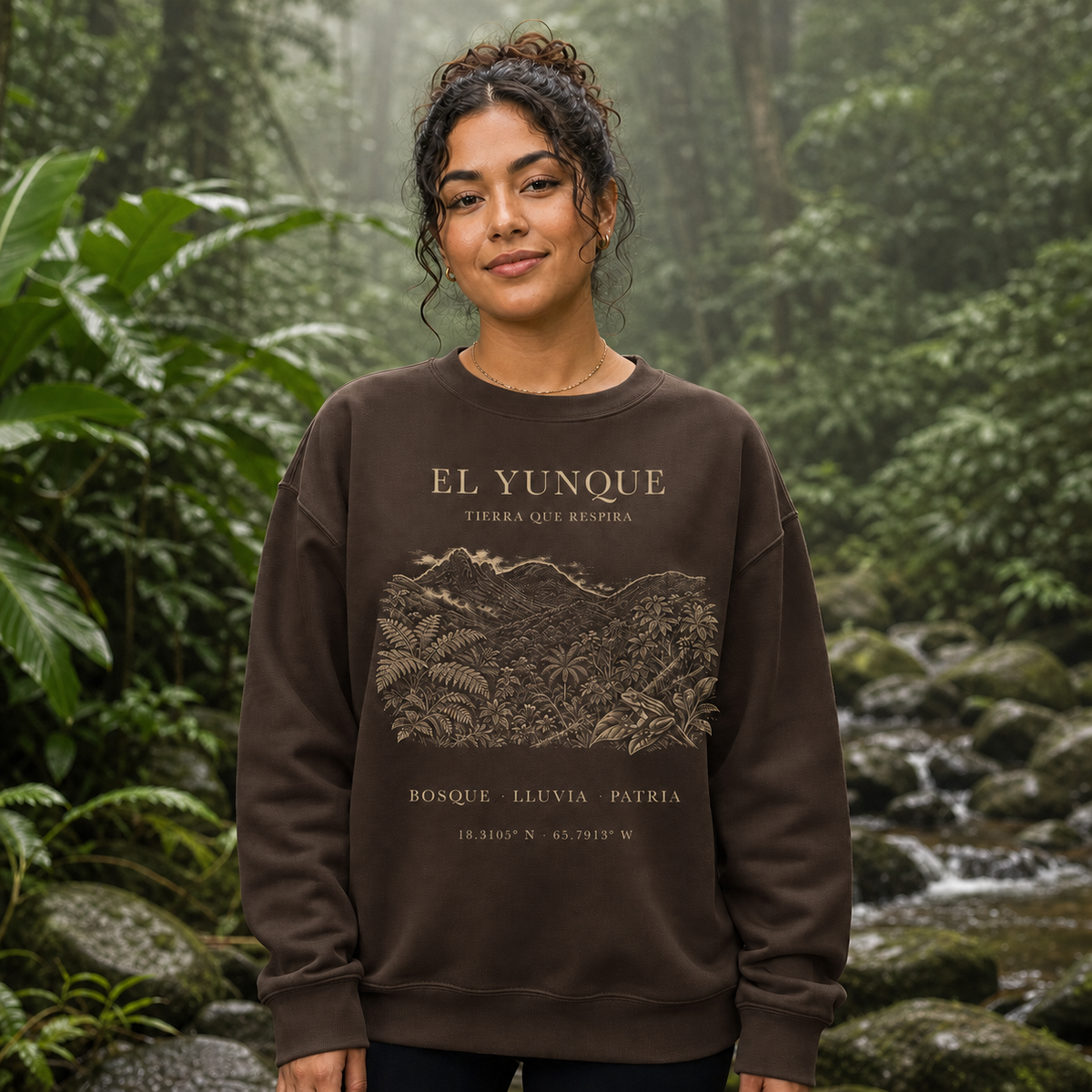 El Yunque Espresso Front Print on a female model