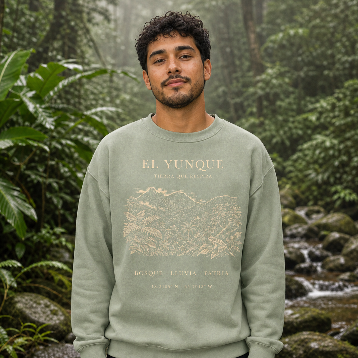 El Yunque Light Green Front Print on a male model