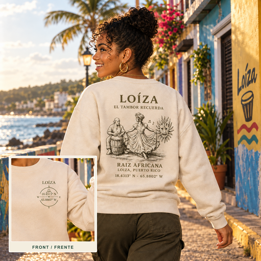 AI-generated loiza Back Reveal lifestyle cover showing the back design and an inset of the front left-chest print