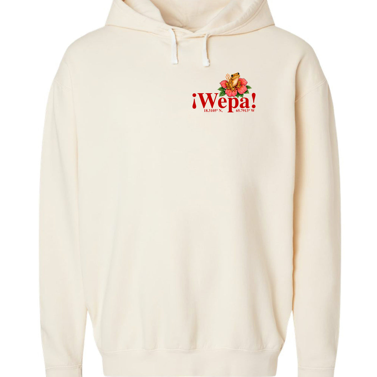 Ivory Wepa hoodie, front flat mockup