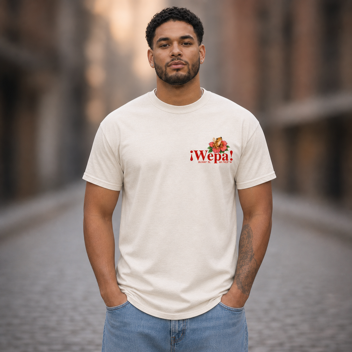 Model wearing the Ivory Wepa T-shirt, front view