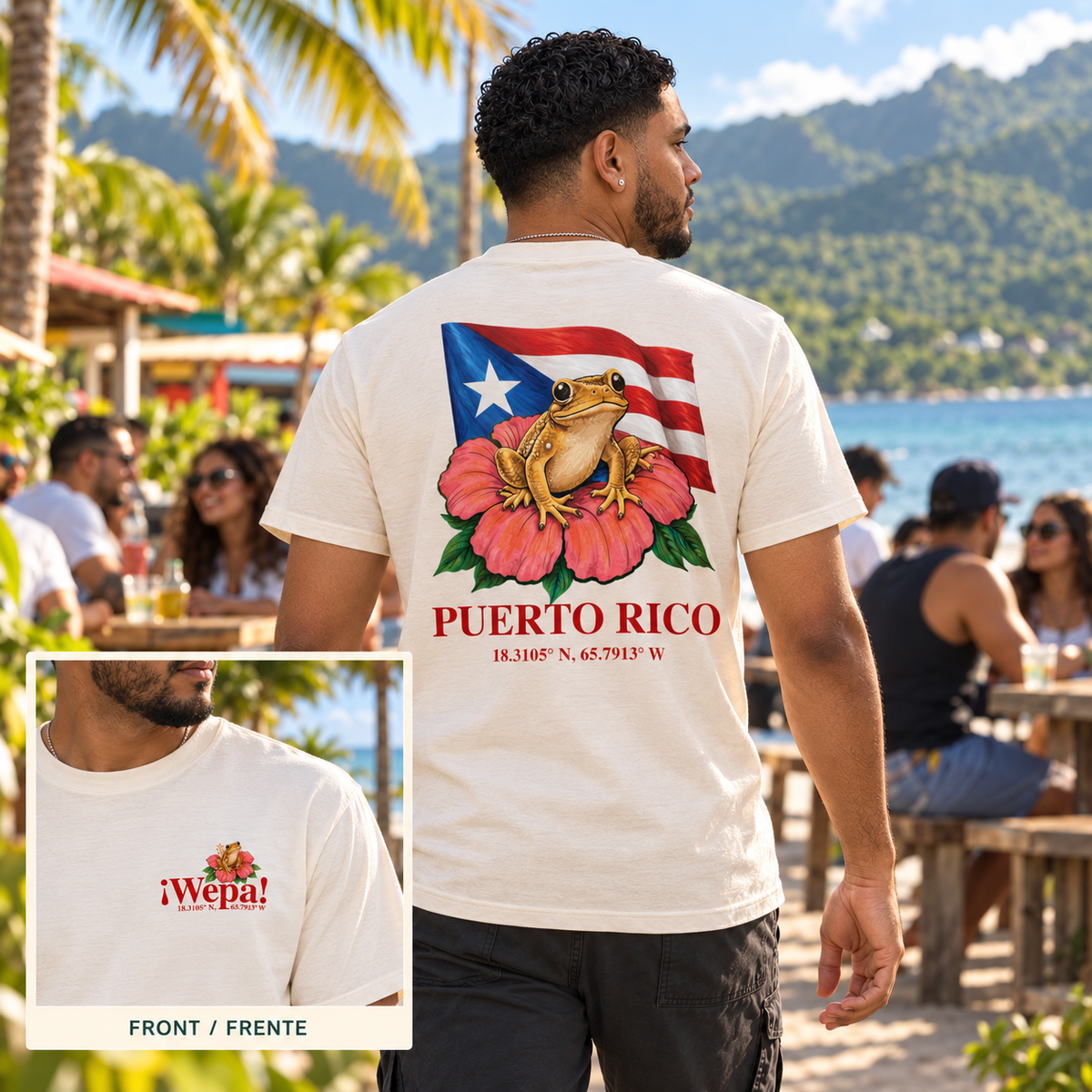 Modelo con la camisa ¡Wepa! color marfil y su diseño de coquí y bandera puertorriqueña en la espalda