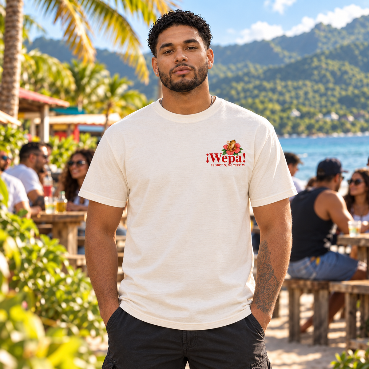 AI-generated front lifestyle view of the Ivory ¡Wepa! unisex tee at a Luquillo beachside gathering; official Ninja POD mockups show exact print placement.